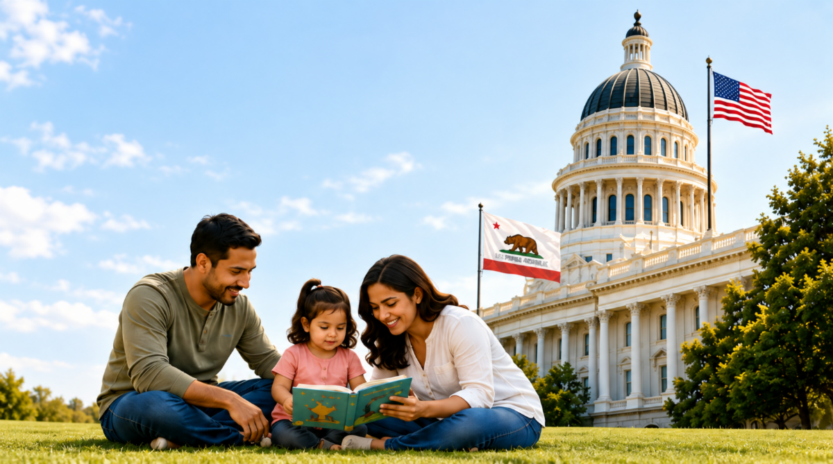 Family sitting in front of Capital Building